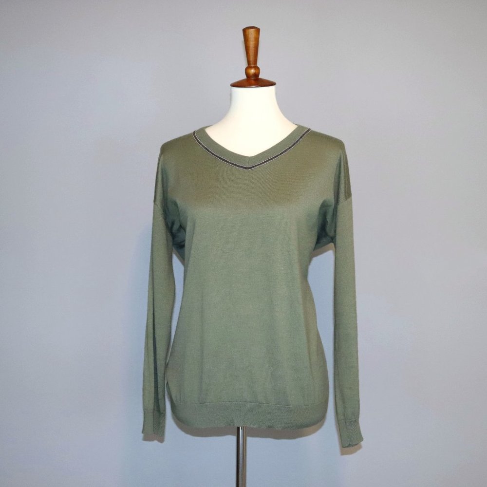 Brunello Cucinelli Med Cashmere Silk Monili Beaded V Neck Sweater Longsleeve Top